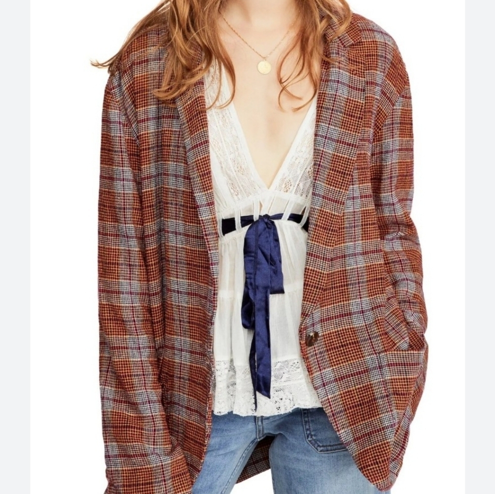 Free People Oversized Simply Plaid Blazer Jacket Size Medium